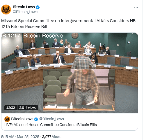 Missouri House Committee Reviews HB 1217 Bitcoin Reserve Bill in Legislative Hearing. Source: Bitcoin Laws