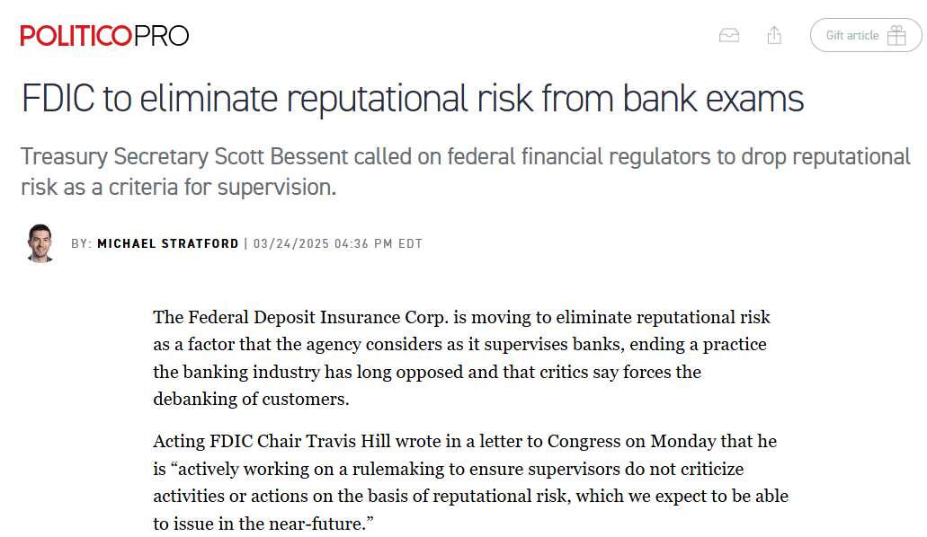 FDIC Drops Reputational Risk from Bank Oversight Following Treasury Secretary's Call. Source: Politico