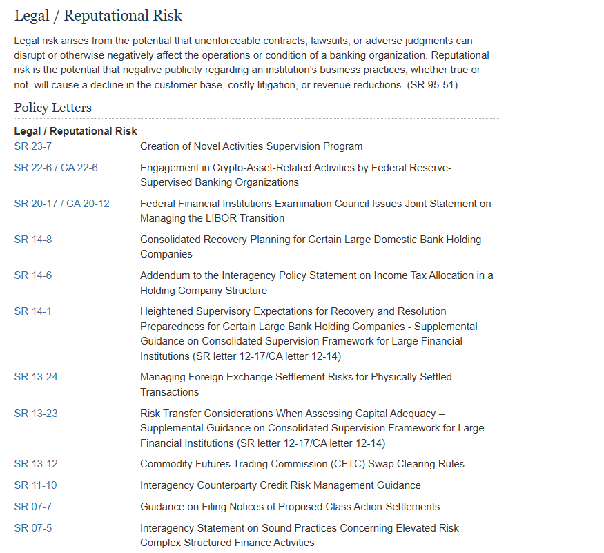 Federal Reserve Guidelines on Legal and Reputational Risk in Banking Supervision. Source: Federal Reserve
