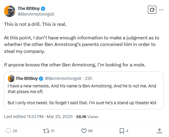 Ben "BitBoy" Armstrong Expresses Frustration Over Rival in Social Media Post. Source: Ben Armstrong's X