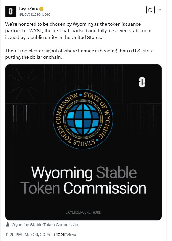 Official Announcement of WYST Stablecoin by Wyoming and LayerZero. Source: LayerZero