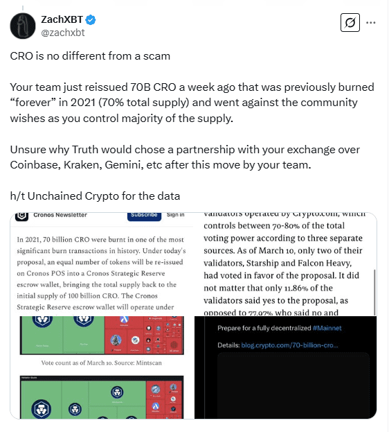 ZachXBT Criticizes Crypto.com for Re-Issuing 70B CRO Tokens, Calling It a Betrayal. Source: X