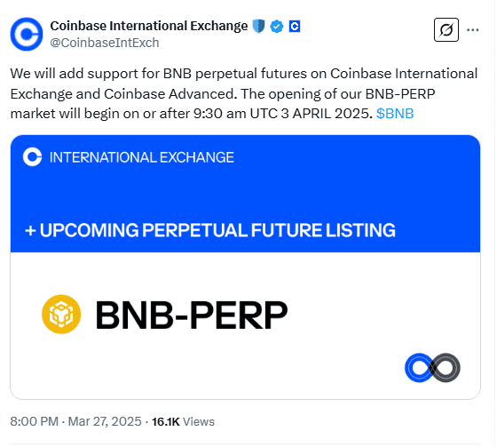 Coinbase International Exchange Announces BNB Perpetual Futures Listing on April 3, 2025. Source: Coinbase International Exchange
