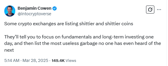 Benjamin Cowen Criticizes Crypto Exchanges for Listing Low-Quality Coins. Source: Twitter