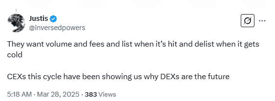 Justis Criticizes CEX Listing Practices, Advocates for DEXs. Source: Twitter