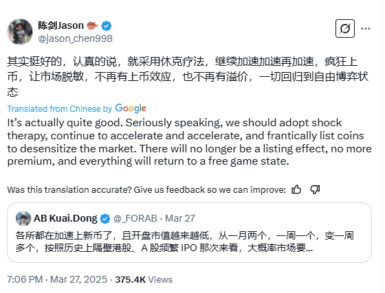 Jason Chen Advocates for Accelerated Token Listings to Desensitize the Market. Source: Twitter