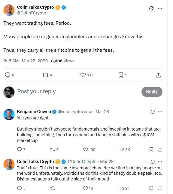 Colin Talks Crypto Criticizes CEXs for Prioritizing Trading Fees Over Token Quality. Source: Twitter