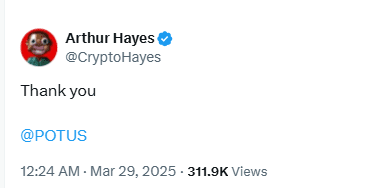 Arthur Hayes Thank You Tweet to Trump. Source: Twitter