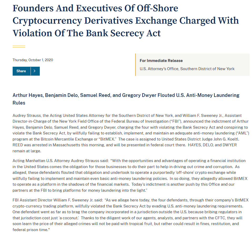 Arthur Hayes, Benjamin Delo, Samuel Reed, and Gregory Dwyer Indicted for Violating Bank Secrecy Act. Source: U.S. Attorney's Office