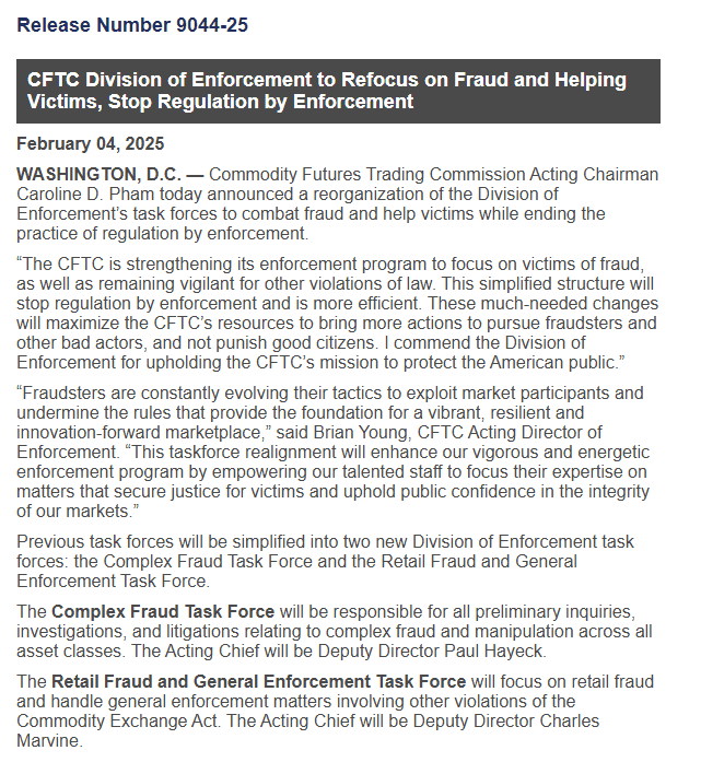CFTC Division of Enforcement Focuses on Fraud and Victim Protection, Ending Regulation by Enforcement. Source: CFTC Press Release