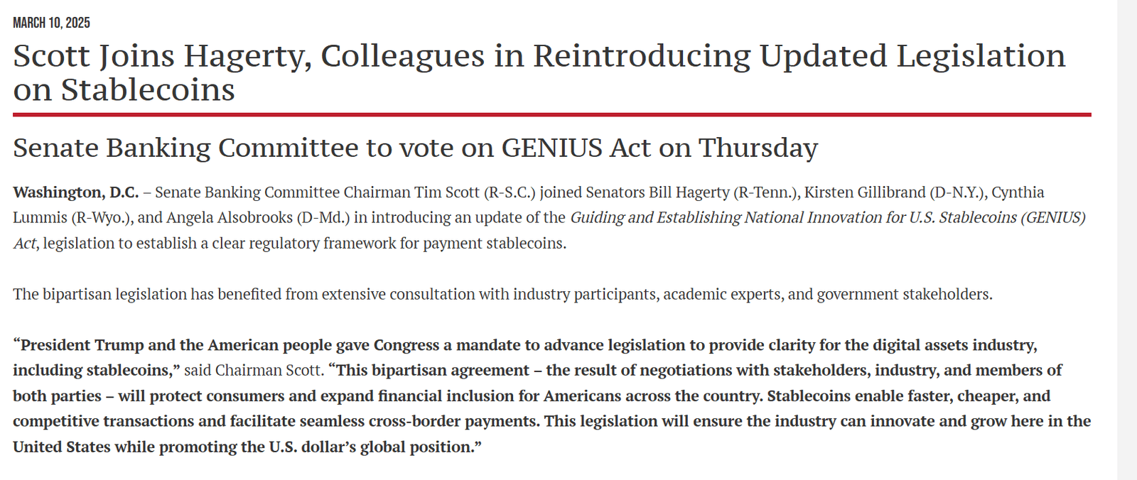Scott Leads Reintroduction of GENIUS Act to Regulate U.S. Stablecoins, Bipartisan Support on Clear Legislation. Source: Senate Banking Committee