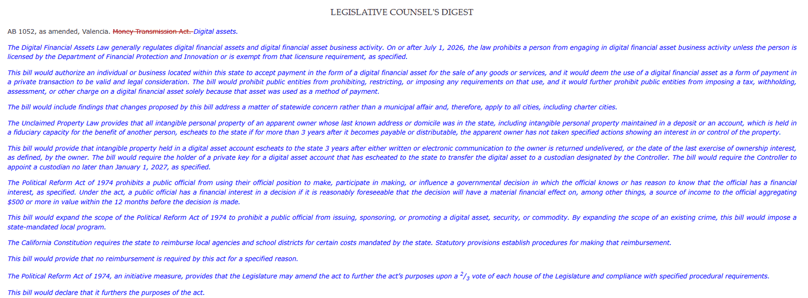 Full Text of California’s Amended Digital Assets Bill AB 1052 with Bitcoin Rights Provisions. Source: California Legislative Counsel