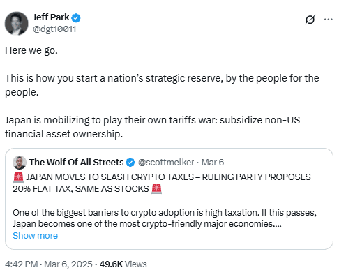 Jeff Park Reacts to Japan’s Proposal to Cut Crypto Tax to 20 Percent for Strategic Financial Shift. Source: X