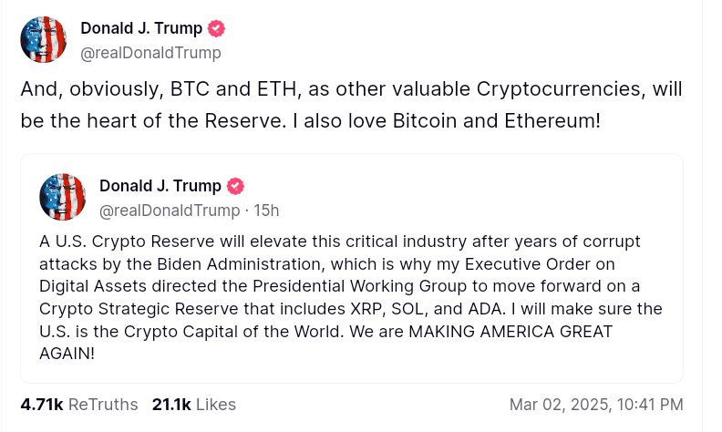 Trump announced the crypto reserve that includes Bitcoin, ETH and other cryptocurrencies.