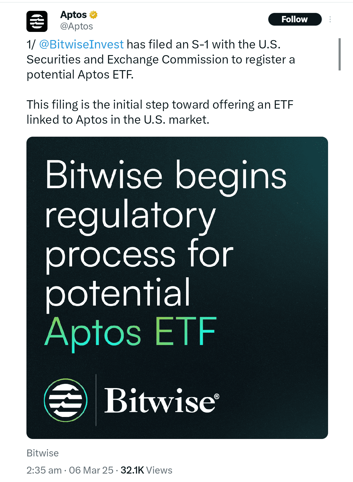 Bitwise Files for Spot Aptos ETF 