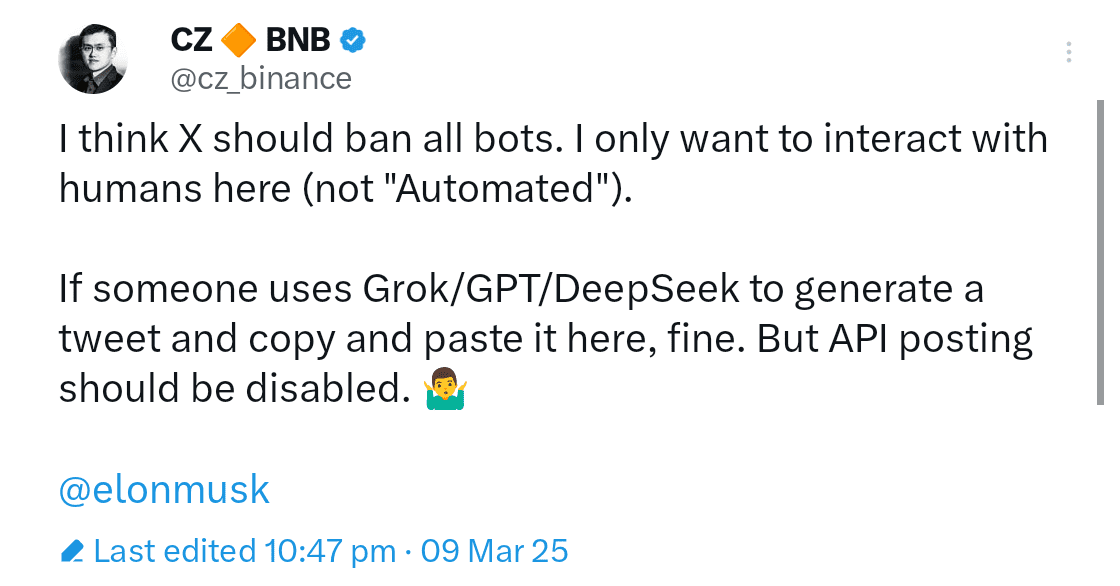 Changpeng Zhao (CZ), CEO of the cryptocurrency exchange Binance, publicly urged Elon Musk to ban automated bots on the social media platform X