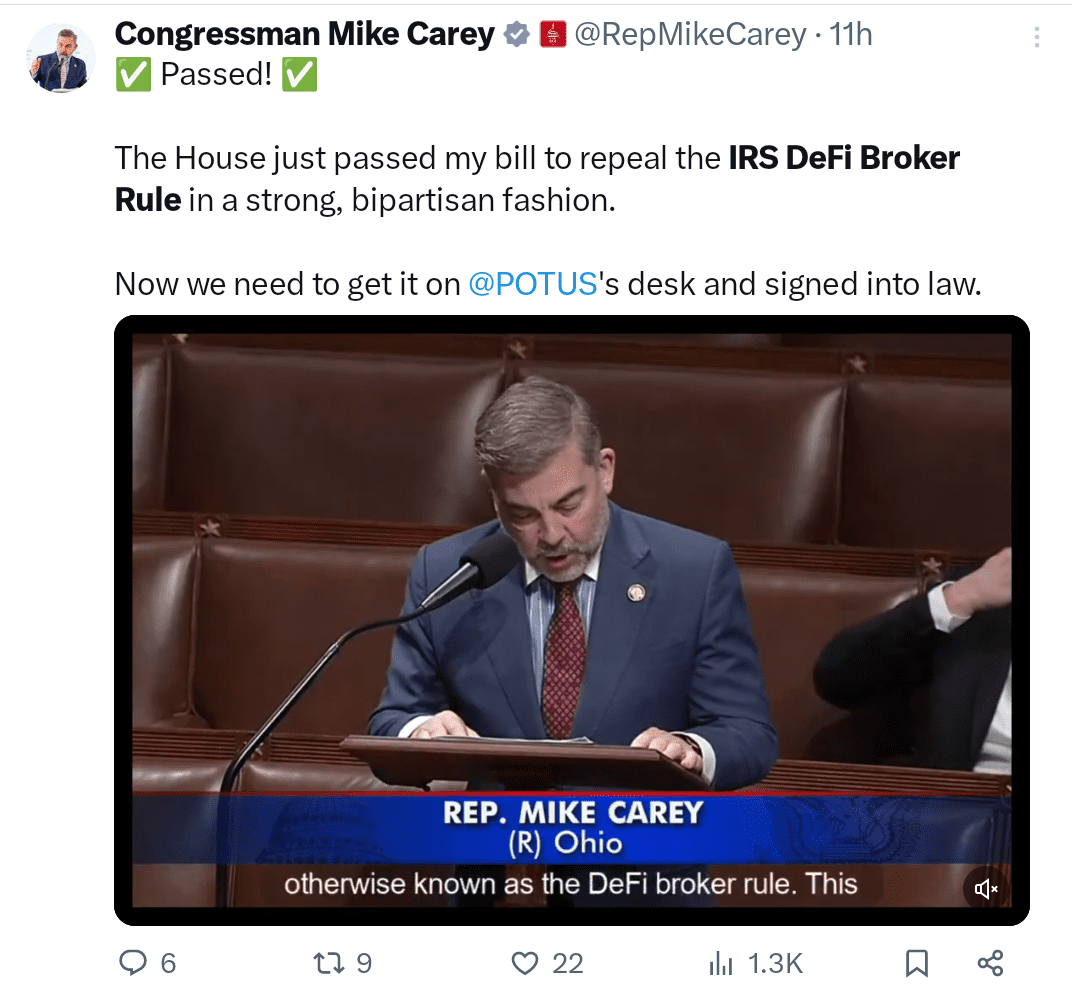 The US House of Representatives has voted to repeal IRS DeFi broker rule