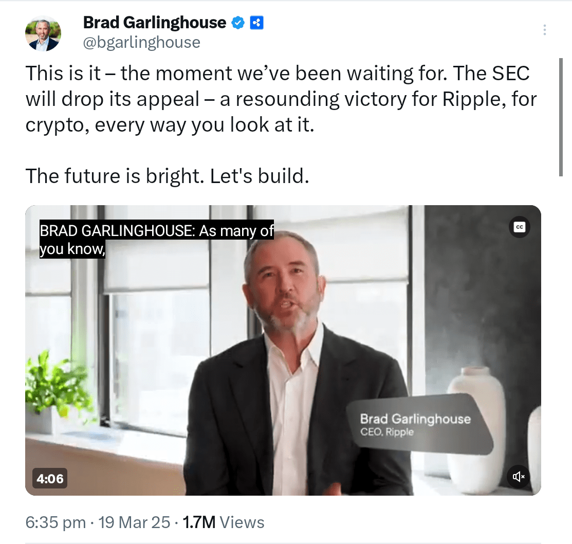 Ripple CEO Brad Garlinghouse announces end of SEC's lawsuit