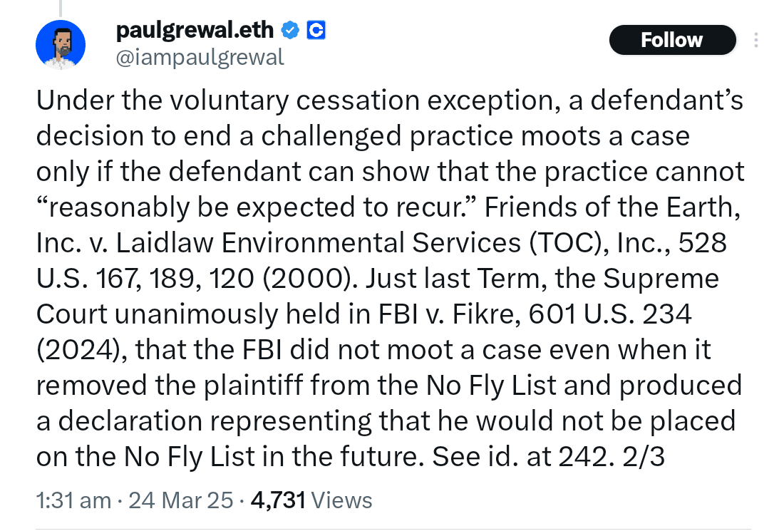 Paul Grewal citing Supreme Court precedent to challenge the U.S. Treasury's request to dismiss the Tornado Cash lawsuit