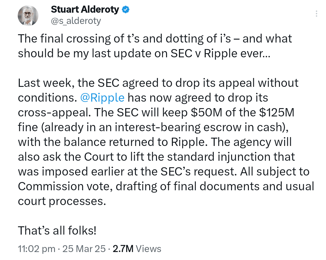 Ripple Chief Legal Officer comments on the latest development in the SEC case. Source: Stuart Alderoty