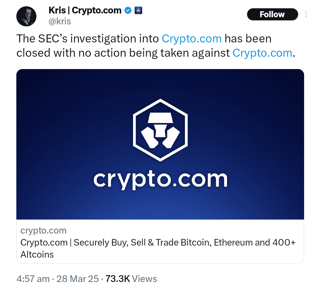 SEC Ends Case Against Crypto.com After Wells Notice