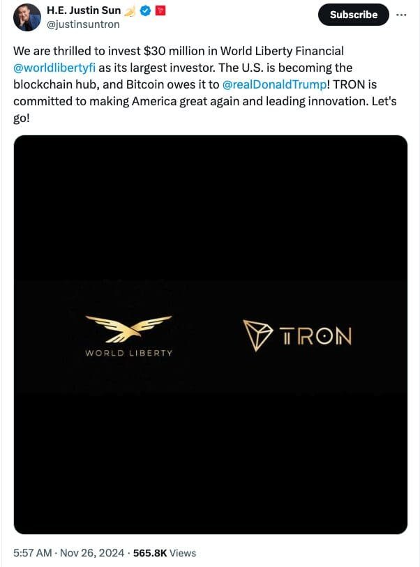 Justin Sun Invests in WLFI Trump Crypto Project. Source: Justin Sun on X