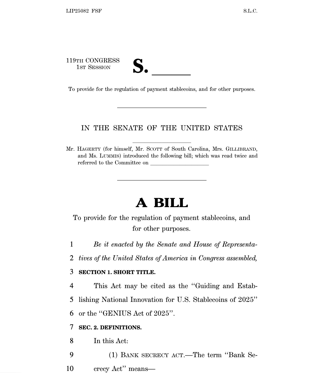 GENIUS Act of 2025 Introduced in US Senate to Regulate Payment Stablecoins. Source: United States Senate