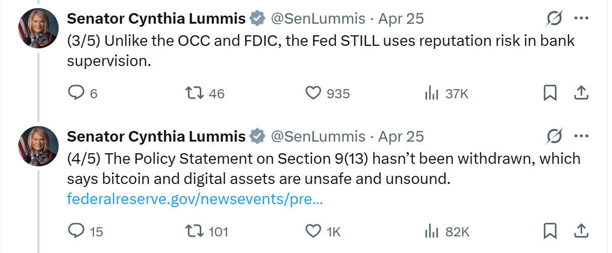 Senator Cynthia Lummis Criticizes Fed Crypto Policy. Source: Senator Cynthia Lummis