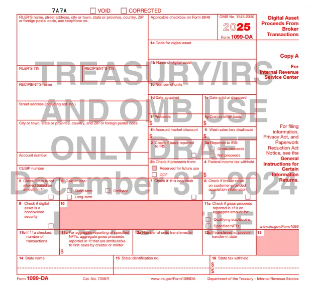 IRS 2025 Draft Form 1099-DA for Digital Asset Broker Transactions and Crypto Reporting. Source: IRS.gov