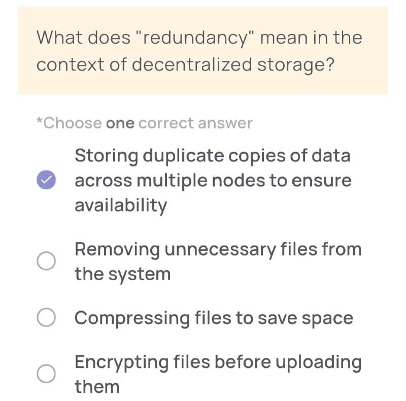 Redundancy Meaning in Decentralized Storage Quiz. Source: Xenea Wallet