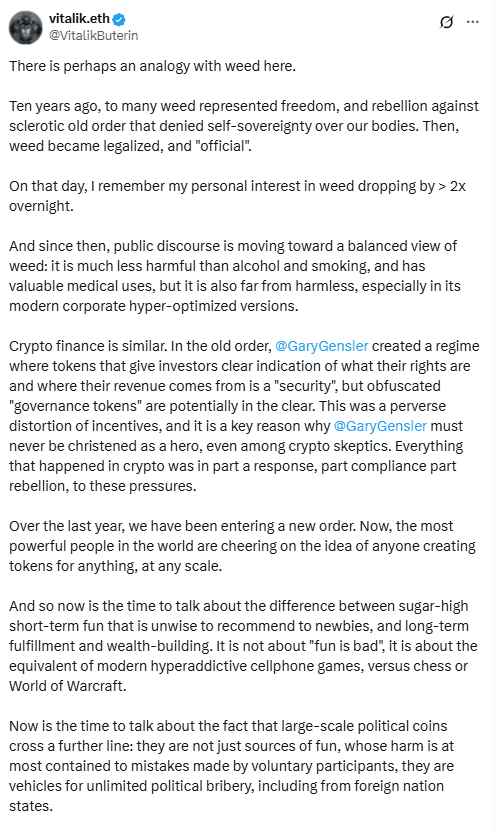 Vitalik Buterin Criticizes Gary Gensler’s Crypto Policy and Political Meme Coins. Source: X
