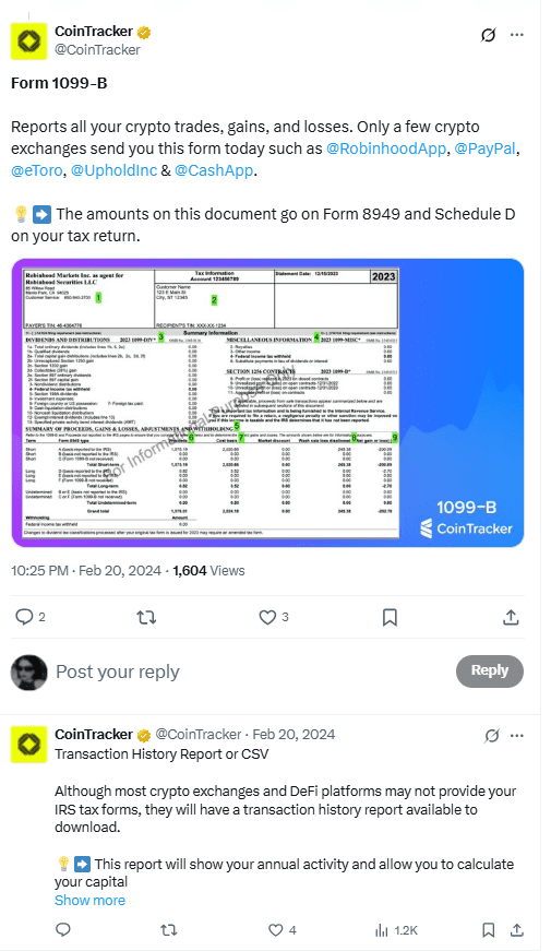 CoinTracker Highlights 1099-B Crypto Form Usage by Robinhood, PayPal, eToro. Source: CoinTracker