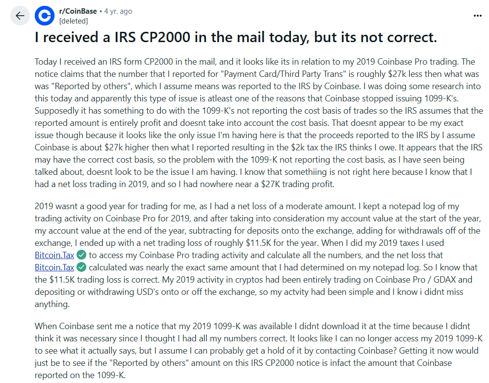 User Explains IRS CP2000 Error Caused by Coinbase 1099-K Reporting Without Cost Basis. Source: Reddit r/CoinBase