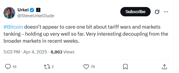 Bitcoin Remains Unshaken Amid Market Crash and Tariff War Pressures. Source: Urkel (@SteveUrkelDude)