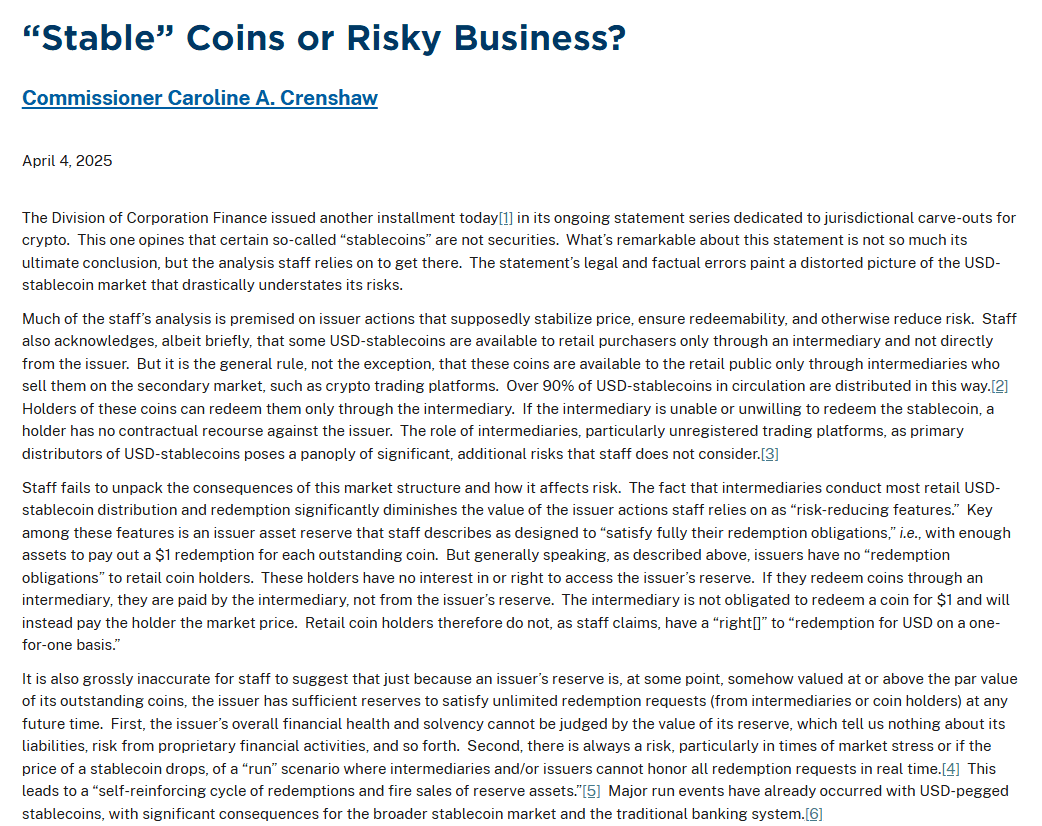 SEC Commissioner Caroline Crenshaw Criticizes USD Stablecoin Oversight in April 2025 Statement. Source: SEC.gov