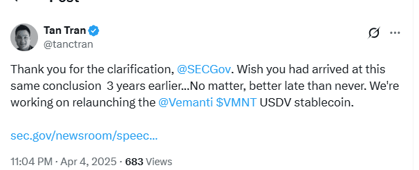 Tan Tran Responds to SEC Stablecoin Guidance, Mentions Relaunch of Vemanti USDV. Source: Tan Tran on X