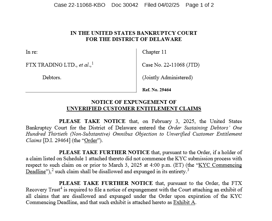 FTX Bankruptcy Court Order Warning of $2.5B Loss for Unverified Users Over Missed KYC Deadline. Source: United States Bankruptcy Court for the District of Delaware