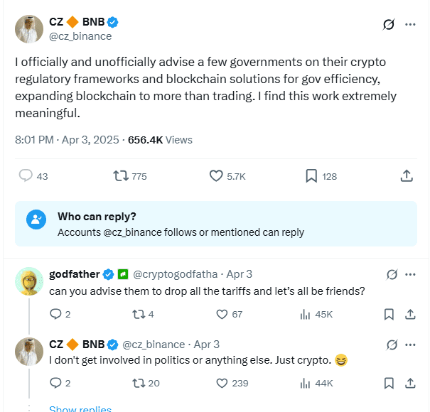 Binance’s CZ Confirms Government Advisory Role on Crypto Policy and Blockchain Solutions. Source: X @cz_binance
