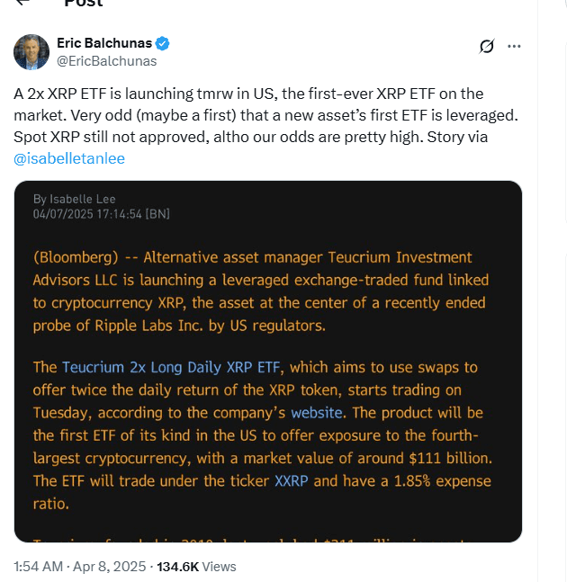 Eric Balchunas Highlights Teucrium’s Launch of First-Ever Leveraged 2x XRP ETF XXRP in the U.S. Market. Source: Bloomberg via Eric Balchunas on X