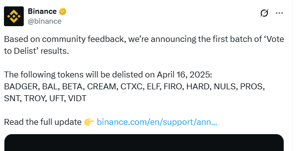 Binance Delisting Announcement April 2025. Source: Binance