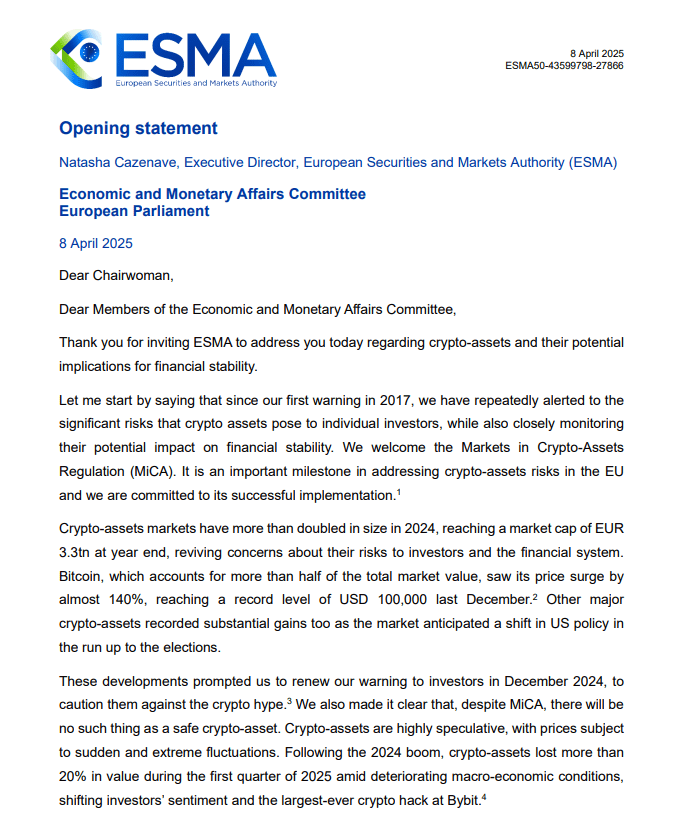 ESMA Warning on Crypto Stability Risks. Source: European Parliament