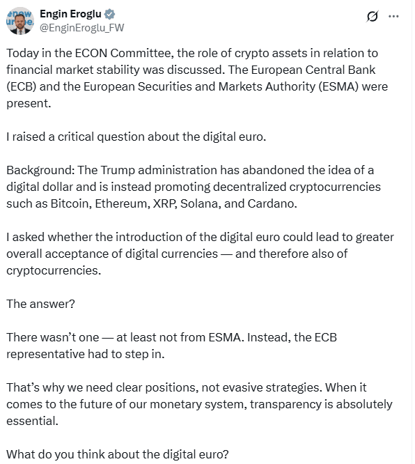 Digital Euro Question Avoided by ESMA. Source: Engin Eroglu on X