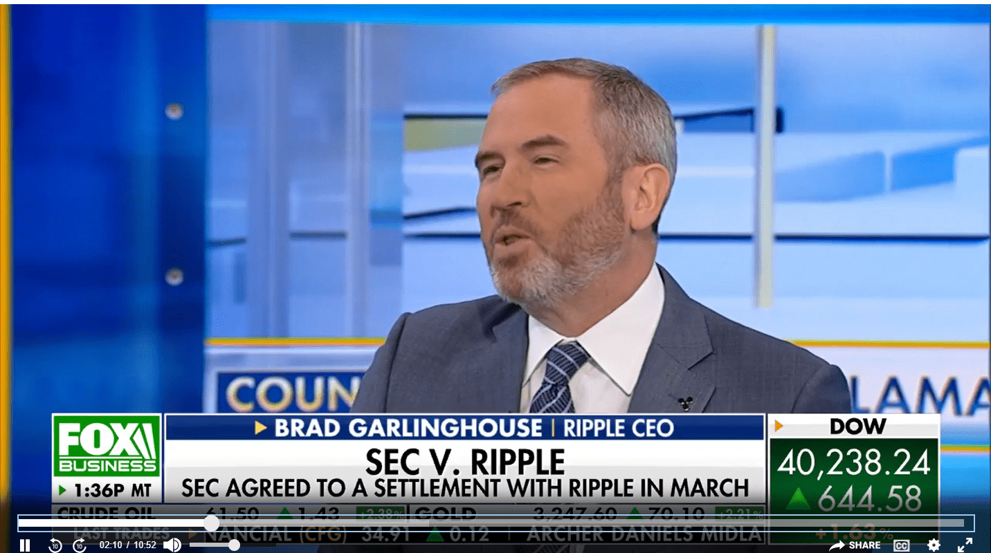 Ripple CEO Brad Garlinghouse on SEC Settlement. Source: FOX Business