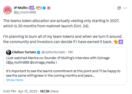 Mantra CEO Token Burn Promise. Source: X @jp_mullin888