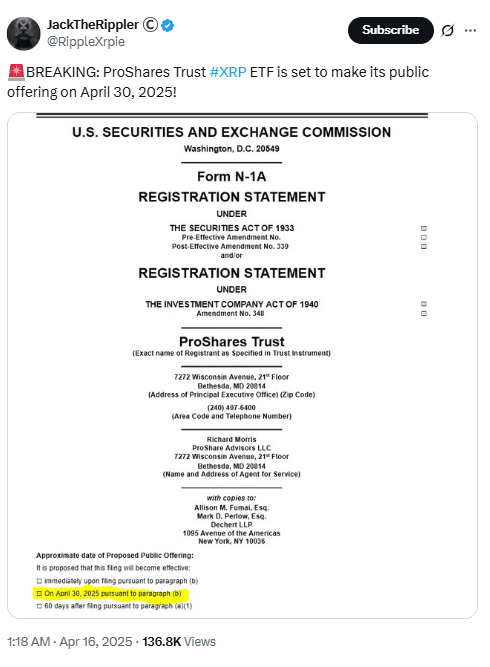 ProShares XRP ETF SEC Filing Confirmed. Source: JackTheRippler on X