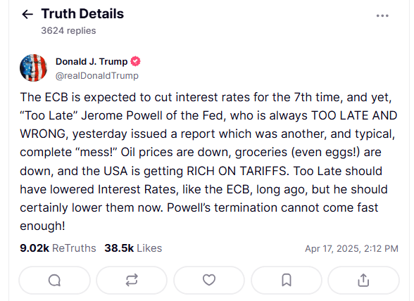 Trump Demands Powell’s Termination. Source: Truth Social