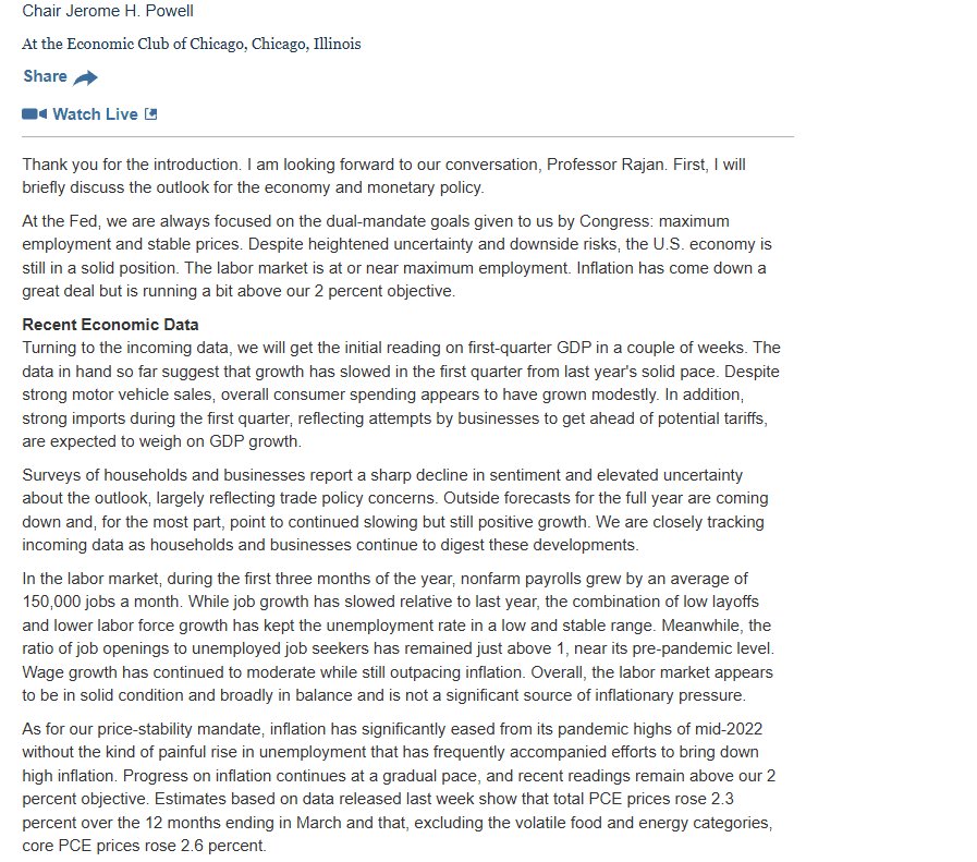 Powell Discusses Economic Outlook and Tariff Impact. Source: FederalReserve.gov