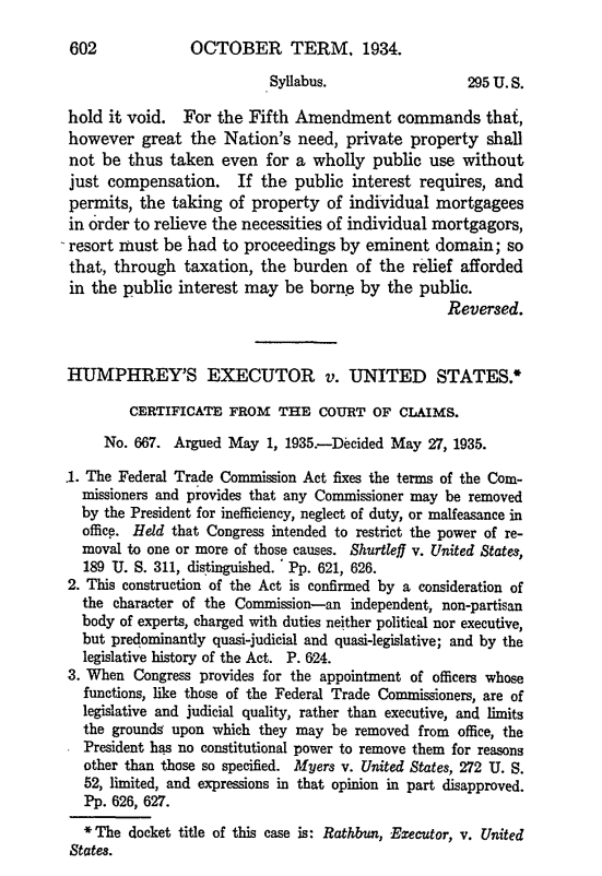 Humphrey’s Executor v. United States Ruling Summary. Source: Supreme Court of the United States