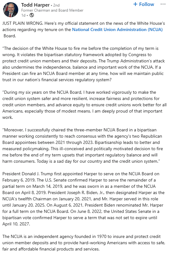  Todd Harper Responds to NCUA Firing. Source: LinkedIn