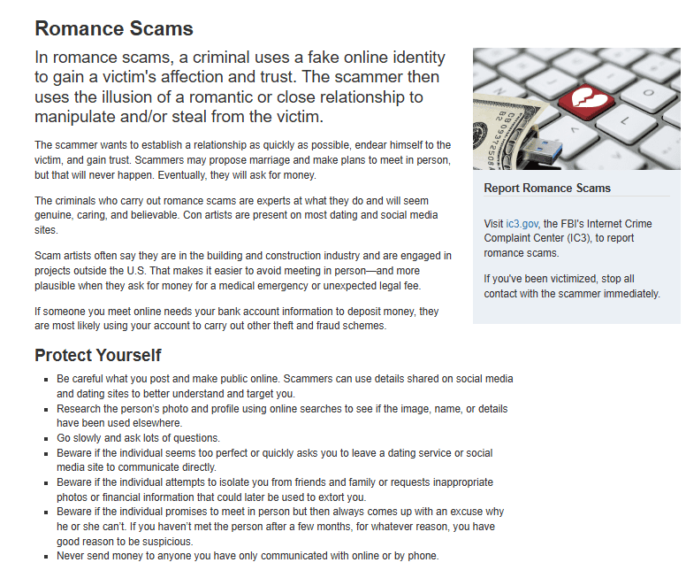 FBI Warning on Romance Scams Using Crypto.Source: FBI.gov – Romance Scams Info Page